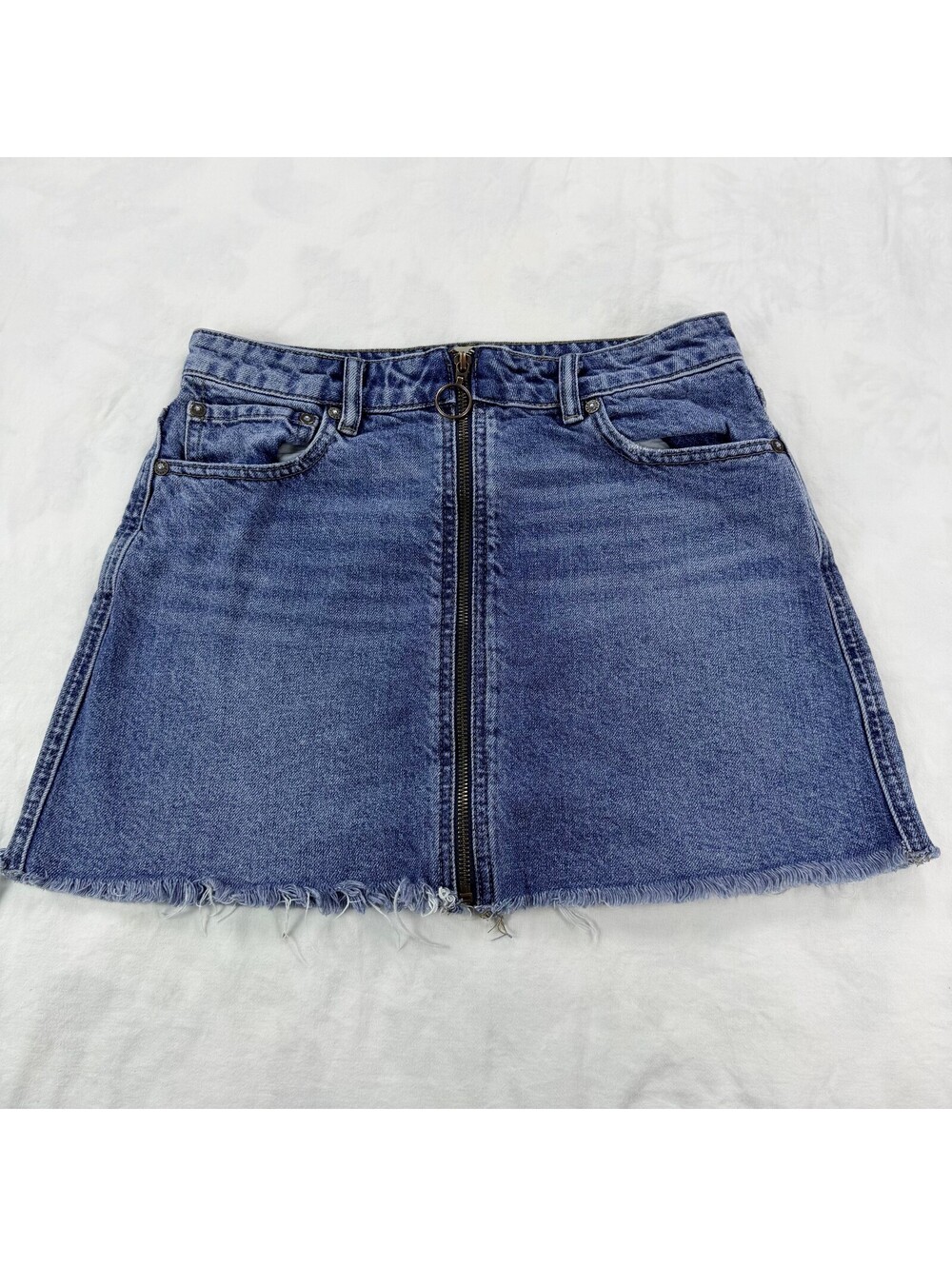 Free People We The Free Denim Mini Skirt 27 Zip Front O-Ring Raw Hem Blue